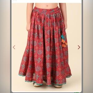 Fabindia Girls Cotton Silk Skirt 6–8 Years Red with Green Details Made in India